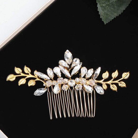 Bridal‎ Wedding Prom Gold Rhinestone Floral Leaf Pattern Hair Comb NWT - Picture 1 of 5